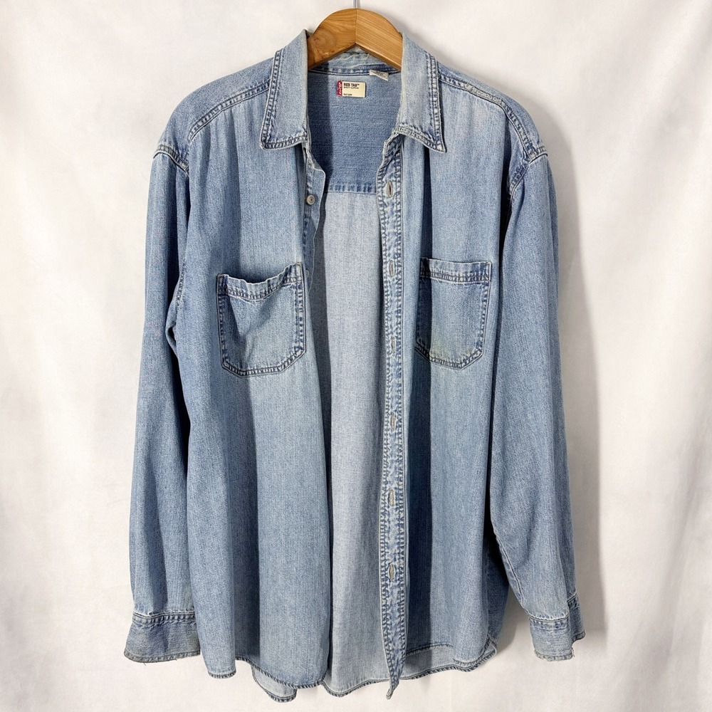90s Levi's Red Tab Long Sleeve Light Wash Blue Denim Button Up Shirt Men's XL